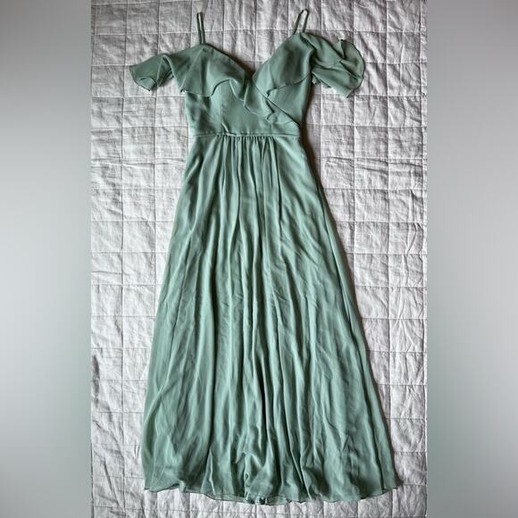 Mori Lee Elegant Light Green Off-Shoulder Chiffon Empire Waist Formal Dress - 4 - Picture 1 of 11